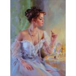 Konstantin Razumov (1974- ) Russian. "Lipstick", an Elegant Young Lady in her Boudoir, Oil on