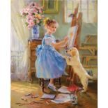 Konstantin Razumov (1974- ) Russian. "The Young Artist", A Young Girl Painting at her Easel, with