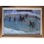 Isai Mexerovitch Braslavsky (1921-2004) Russian. Figures Playing Ice Hockey, Oil on Board, Signed in