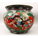 A LARGE JAPANESE MEIJI PERIOD CLOISONNE JARDINIERE, decorated upon a green ground to depict panels
