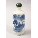 A GOOD 19TH CENTURY CHINESE BLUE & WHITE PORCELAIN SNUFF BOTTLE, Adecorated with scenes of