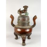 A HUGE & HEAVY CHINESE 19TH CENTURY BRONZE LIDDED CENSER, the censer stood upon three lion dog