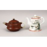 TWO CHINESE TEAPOTS - YIXING CLAY - REPUBLIC STYLE PORCELAIN, the lot consiting of one 20th