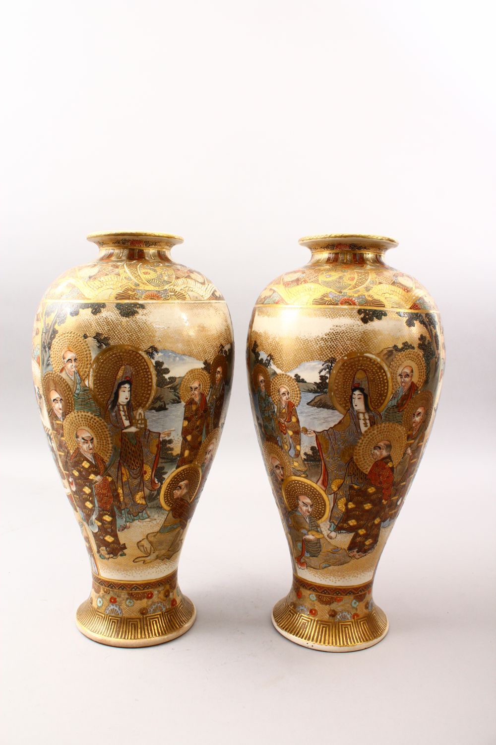 A GOOD PAIR OF JAPANESE MEIJI PERIOD SATSUMA VASES, the ovoid body decorated with scenes of warriors - Image 5 of 10