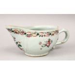 A GOOD 18TH CENTURY QIANLONG CHINESE FAMILLE ROSE PORCELAIN SAUCE BOAT, decorated with borders and