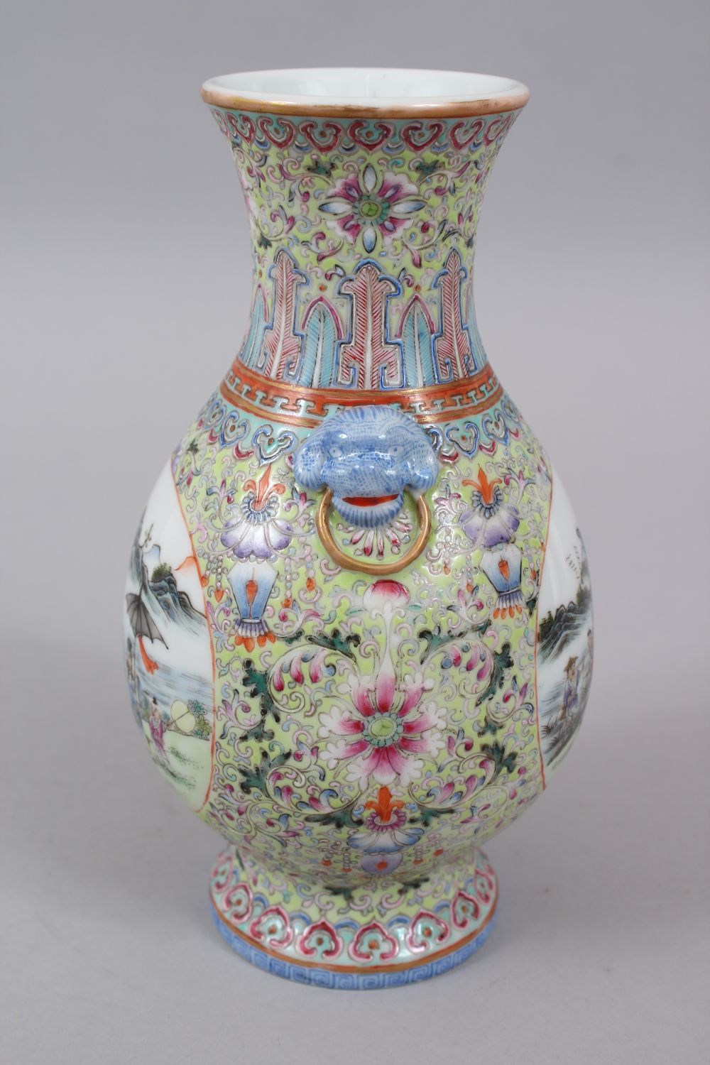 A GOOD CHINESE REPUBLIC PERIOD FAMILLE ROSE PORCELAIN VASE, the vase with twin moulded lion dog head - Image 2 of 9