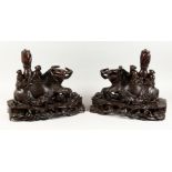 A GOOD PAIR OF 19TH / 20TH CENTURY CHINESE CARVED HARD WOOD BUFFALO FIGURES / LAMPS, the buffalo