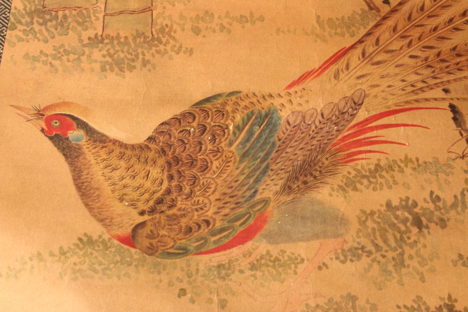 A 20TH CENTURY CHINESE PRINTED HANGING SCROLL PICTURE, depicting pheasants and other birds, 150cm - Image 4 of 4