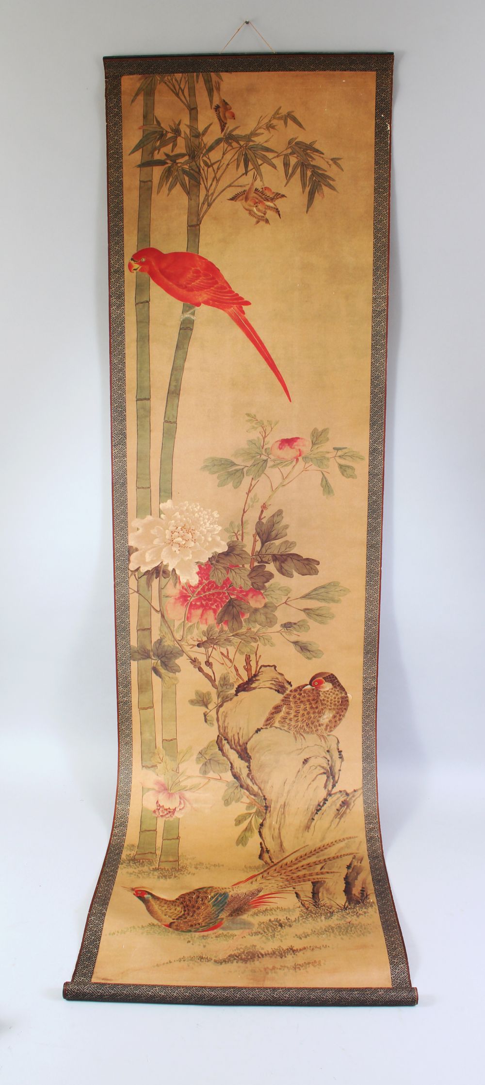 A 20TH CENTURY CHINESE PRINTED HANGING SCROLL PICTURE, depicting pheasants and other birds, 150cm