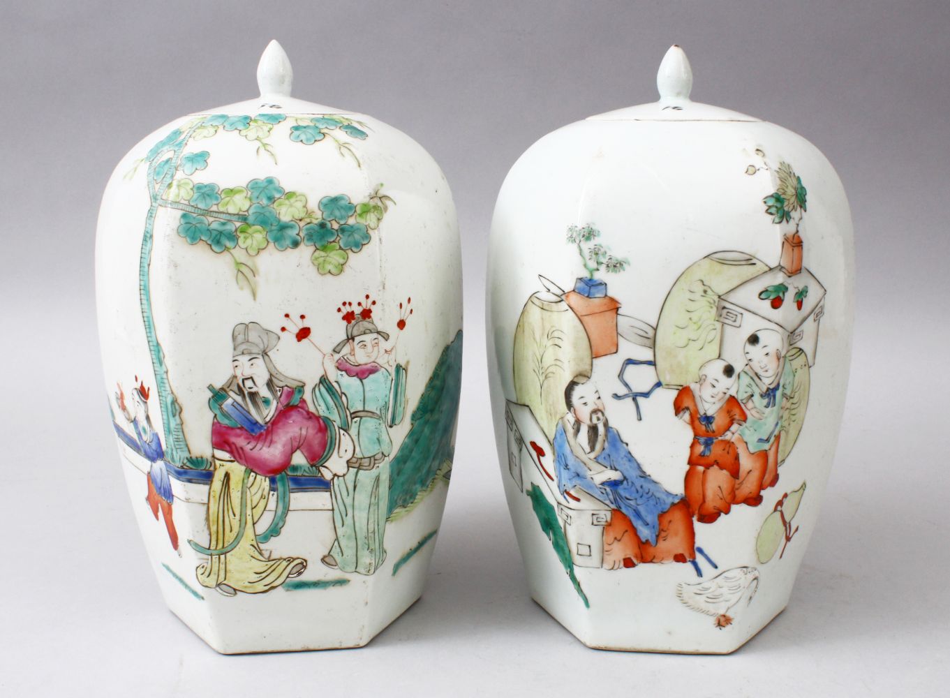 A GOOD PAIR OF CHINESE REPUBLIC STYLE FAMILLE ROSE HEXAGONAL FORM PORCELAIN JARS & COVERS, The