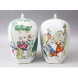 A GOOD PAIR OF CHINESE REPUBLIC STYLE FAMILLE ROSE HEXAGONAL FORM PORCELAIN JARS & COVERS, The