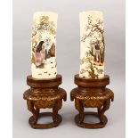 A GOOD PAIR OF JAPANESE MEIJI PERIOD CARVED IVORY & SHIBAYAMA TUSK VASES ON STANDS, the vase