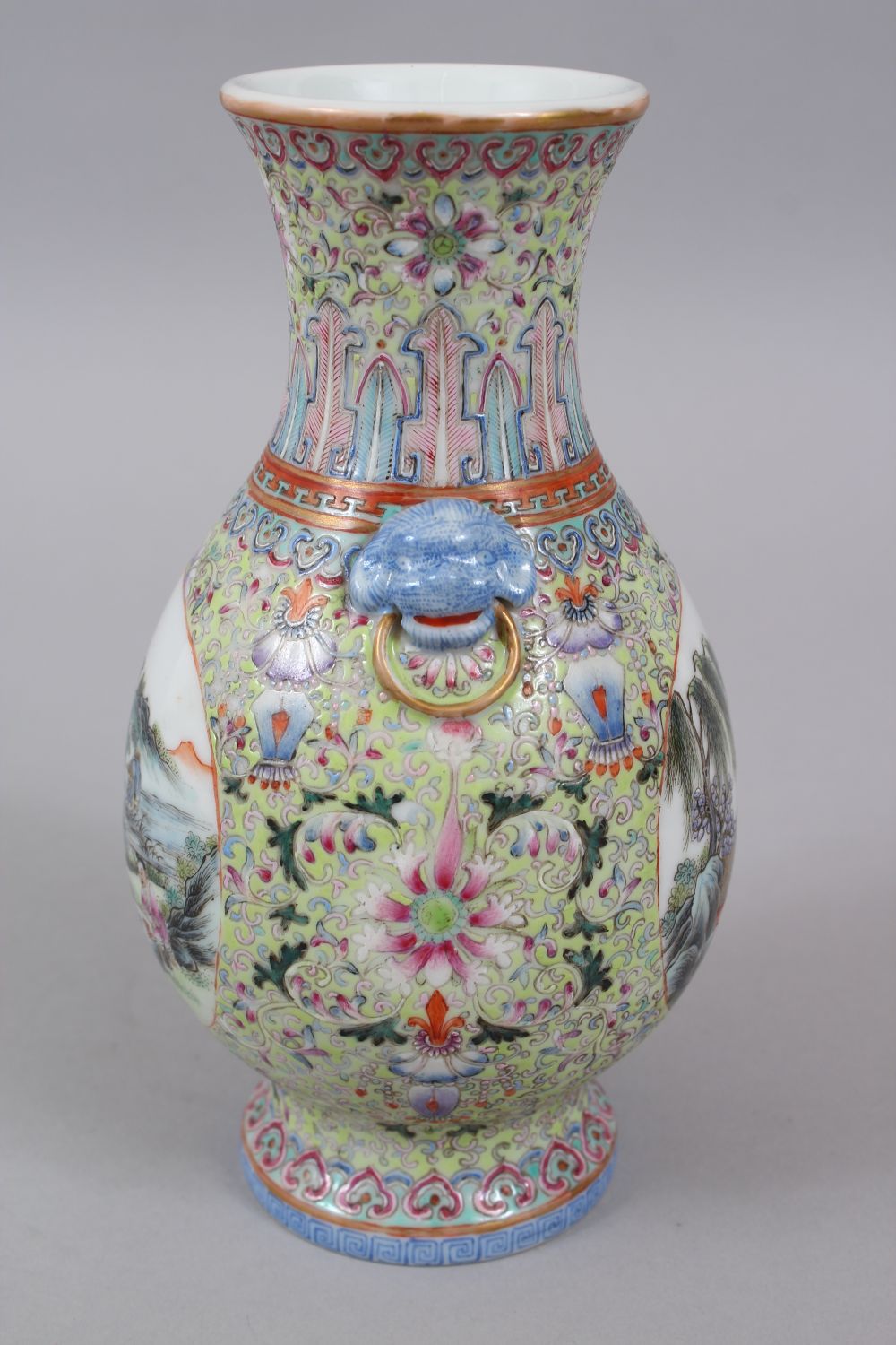 A GOOD CHINESE REPUBLIC PERIOD FAMILLE ROSE PORCELAIN VASE, the vase with twin moulded lion dog head - Image 4 of 9