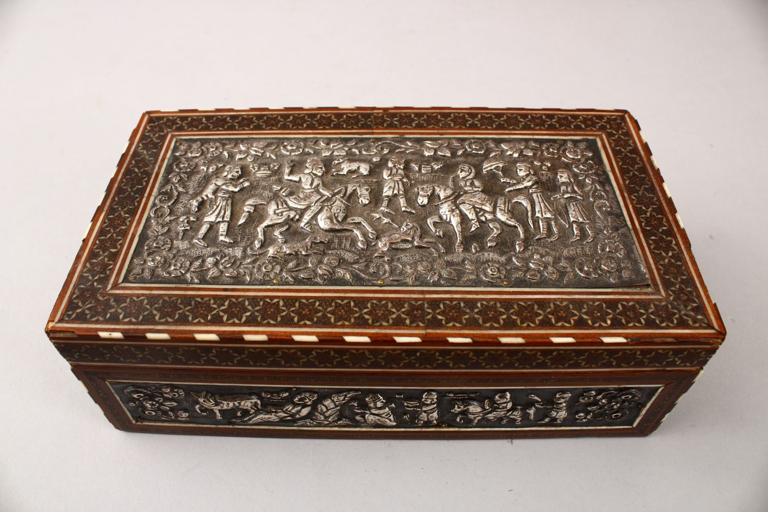 A GOOD IRANIAN SHIRAZ KHATEMI WOODEN & WHITE METAL BOX, the bod with inset white metal embossed - Image 2 of 10