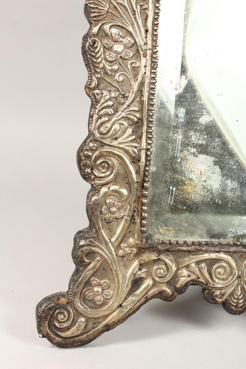 A GOOD 18TH CENTURY OTTOMAN SILVER BEVELLED GLASS MIRROR, the frame with embossed scrolling foliage, - Image 5 of 10