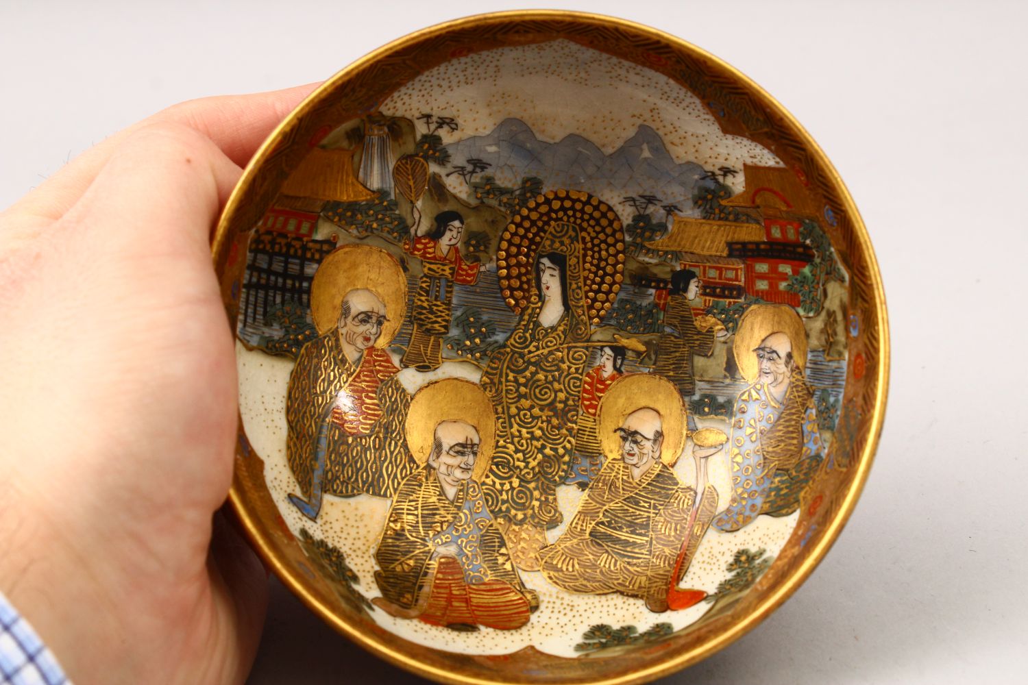 A JAPANESE MEIJI PERIOD SATSUMA IMMORTAL BOWL, the interior of the bowl decorated with scenes of - Image 5 of 7