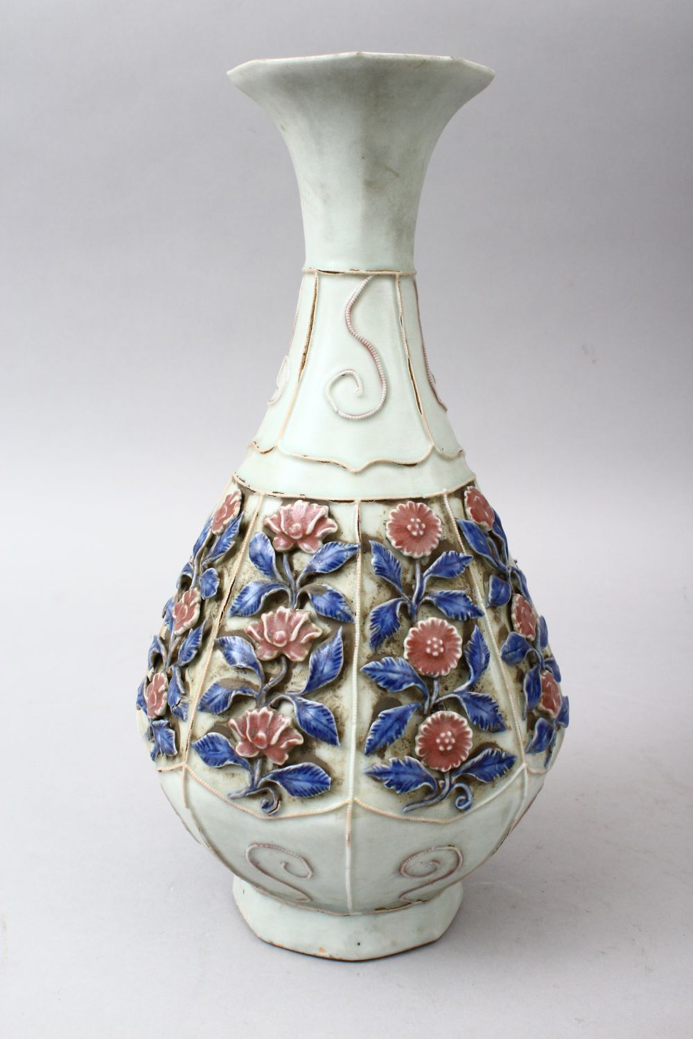 AN UNUSUAL CHINESE MOULDED / CLAIR DE LUNE CELADON BOTTLE VASE, the vase with relief moulded panel - Image 2 of 6