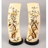 A GOOD LARGE PAIR OF JAPANESE MEIJI PERIOD CARVED IVORY & SHIBAYAMA TUSK VASES, the vase sections