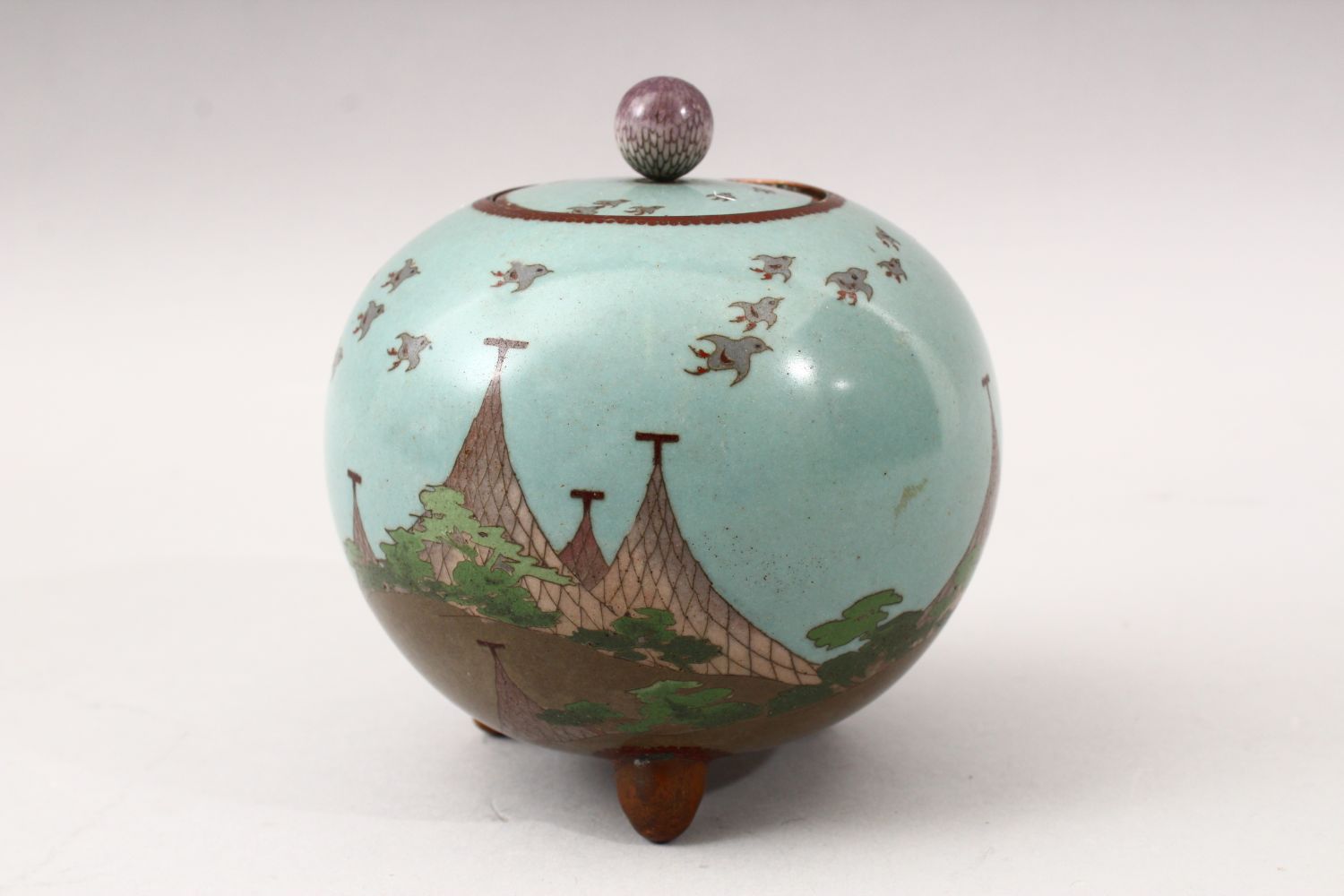 A JAPANESE GLOBULAR FORM MEIJI PERIOD CLOISONNE KORO, the koro with a sy blue ground with scenes - Image 2 of 6