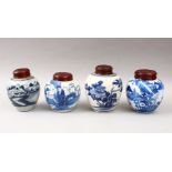 FOUR 19TH CENTURY CHINESE BLUE & WHITE PORCELAIN GINGER JARS & COVERS, each jar decorated with