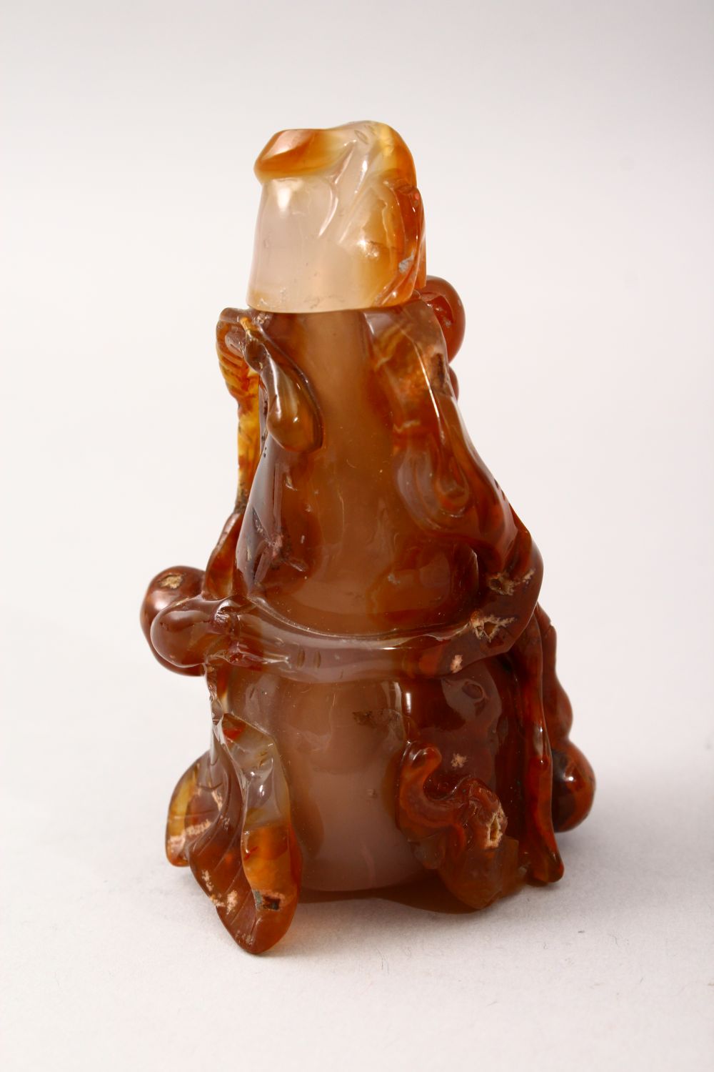 A GOOD 20TH CENTURY CHINESE CARVED AGATE SNUFF BOTTLE, carved in the form of a douoble gours with - Image 5 of 6