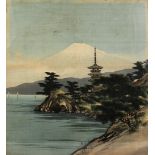 A 20TH CENTURY JAPANESE EMBROIDERED SILK PICTURE OF A LANDSCAPE VIEW, framed 62.5cm high x 52cm