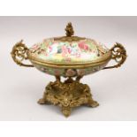 A GOOD 19TH CENTURY CHINESE CANTON FAMILLE ROSE PORCELAIN BOX & COVER WITH ORMOLU MOUNTS, The lidded