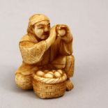 A JAPANESE MEIJI PERIOD CARVED IVORY NETSUKE OF AN EGG SELLER - SIGNED, the netsuke depicting a