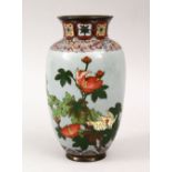 A GOOD JAPANESE MEIJI PERIOD CLOISONNE VASE, the body of the vase with a grey / blue bround, with