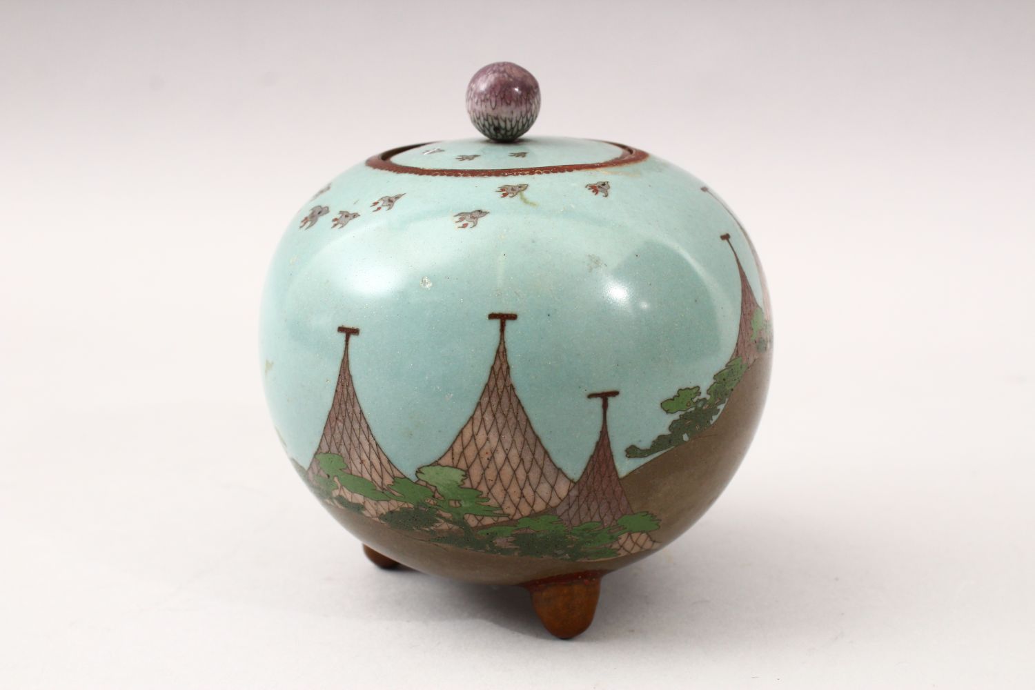 A JAPANESE GLOBULAR FORM MEIJI PERIOD CLOISONNE KORO, the koro with a sy blue ground with scenes - Image 5 of 6