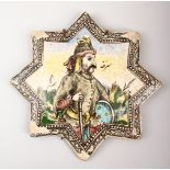 A GOOD 19TH CENTURY PERSIAN QAJAR MOULDED AND PAINTED STAR TILE, depicting a portrait of a man