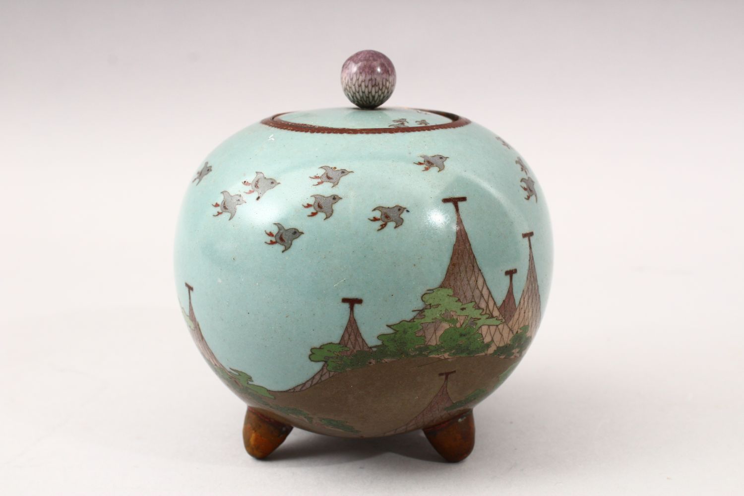 A JAPANESE GLOBULAR FORM MEIJI PERIOD CLOISONNE KORO, the koro with a sy blue ground with scenes - Image 3 of 6