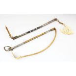 TWO GOOD 18TH/19TH CENTURY CAUCASIAN SILVER AND NIELLO MOUNTED LEATHER RIDING CROPS, 46.5cm and