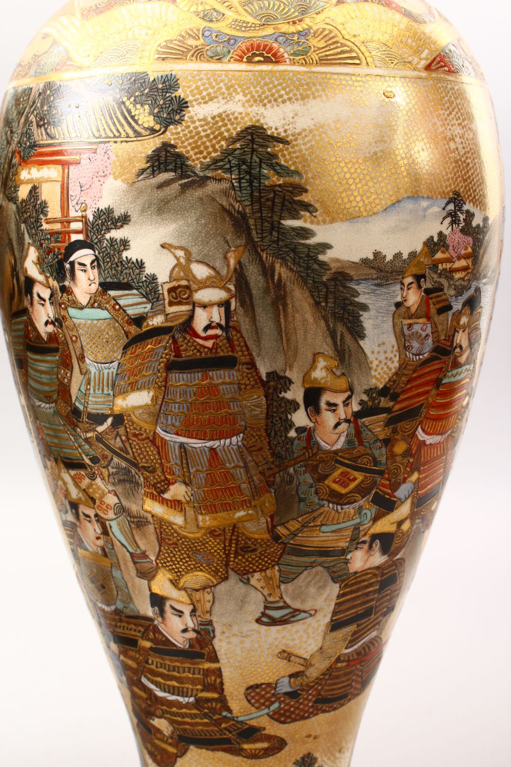 A GOOD PAIR OF JAPANESE MEIJI PERIOD SATSUMA VASES, the ovoid body decorated with scenes of warriors - Image 3 of 10