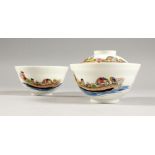 A PAIR OF CHINESE 2OTH CENTURY EGGSHELL PORCELAIN TEA BOWLS & ONE COVER, the decoration depicting