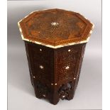 A GOOD 19TH CENTURY MOORISH CARVED HARDWOOD OCTAGONAL OCCASIONAL TABLE, inlaid with mother of