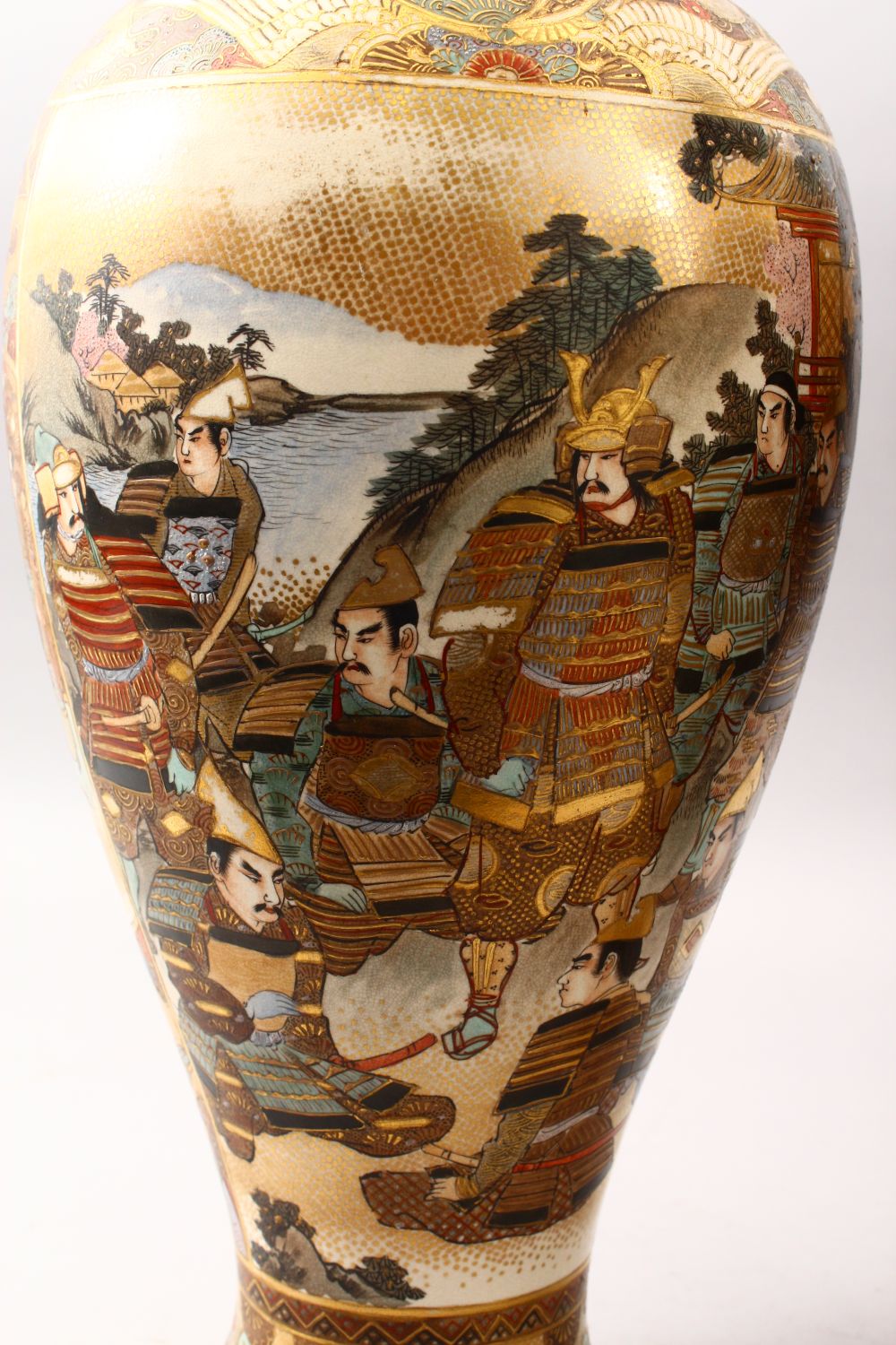A GOOD PAIR OF JAPANESE MEIJI PERIOD SATSUMA VASES, the ovoid body decorated with scenes of warriors - Image 2 of 10