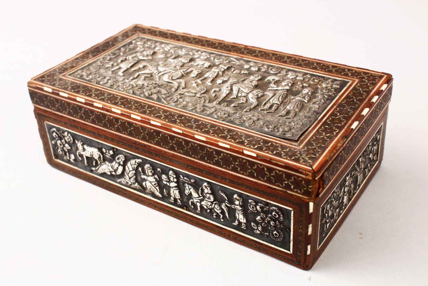A GOOD IRANIAN SHIRAZ KHATEMI WOODEN & WHITE METAL BOX, the bod with inset white metal embossed