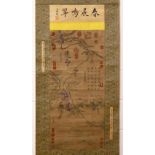 A CHINESE HANGING SCROLL PICTURE OF BIRDS AMONGST FLORA, the picture depicting birds amongst flora