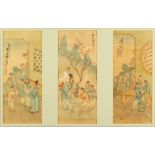 A GOOD 19TH CENTURY CHINESE PAINTED ON TEXTILE TRIPTYCH PICTURE, the picture with three painted