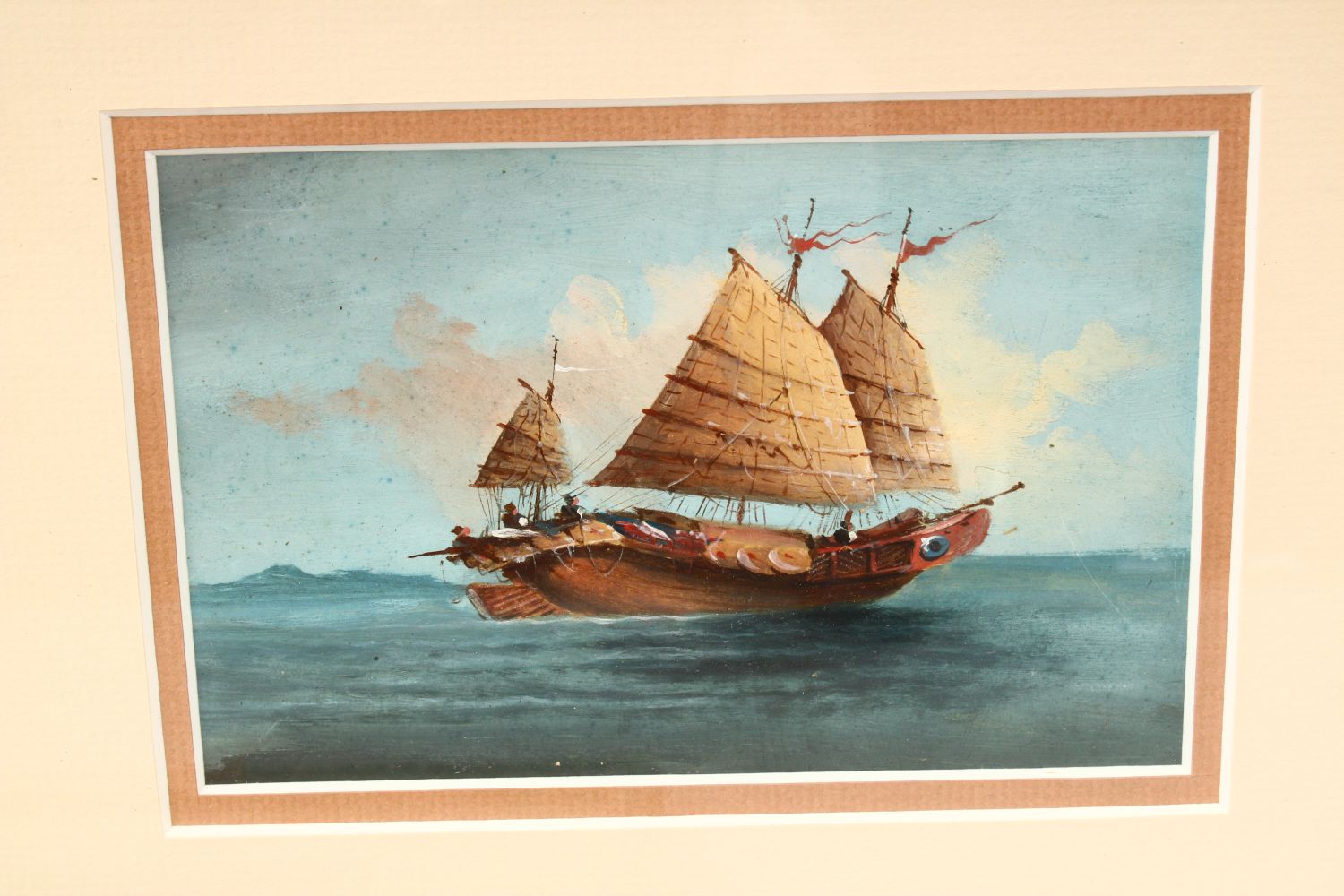 THREE 19TH CENTURY CHINESE WATERCOLOUR ON GOUACHE OF JUNKS, framed measuring 30.5cm x 26cm.(3) - Image 3 of 4