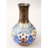 A GOOD PERSIAN SAFAVID PORCELAIN AND WHITE METAL MOUNTED HUQQA BASE, decorated with hanging floral
