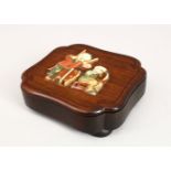 A GOOD 19TH CENTURY JAPANESE HARDWOOD & INLAID STAINED IVORY LIDDED BOX, stood upon four turned