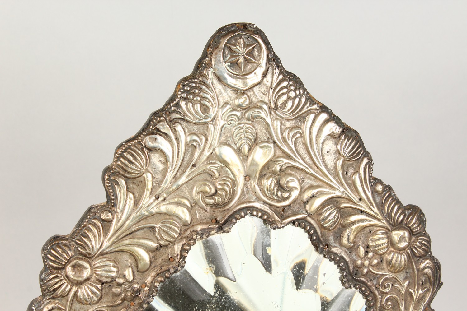 A GOOD 18TH CENTURY OTTOMAN SILVER BEVELLED GLASS MIRROR, the frame with embossed scrolling foliage, - Image 4 of 10