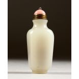 A GOOD CHINESE WHITE JADE / HARD STONE SNUFF BOTTLE, with a pink hard stone stopper and metal spoon,