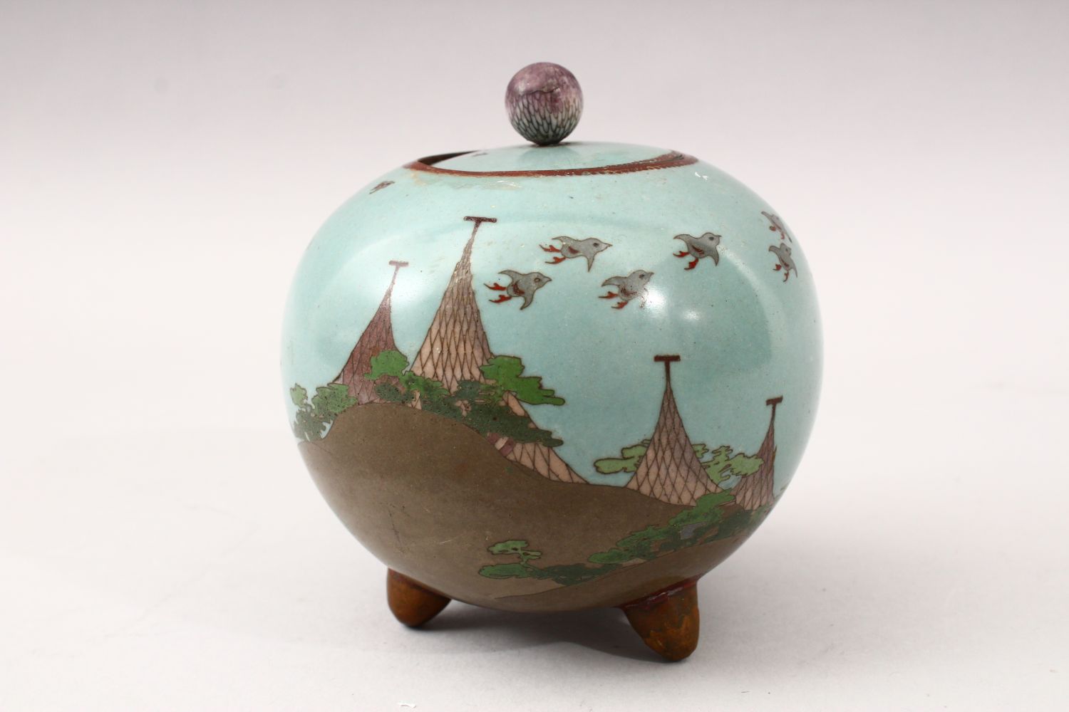 A JAPANESE GLOBULAR FORM MEIJI PERIOD CLOISONNE KORO, the koro with a sy blue ground with scenes - Image 4 of 6