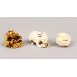 THREE JAPANESE LATE MEIJI PERIOD CARVED IVORY / BONE NETSUKE & OJIME, the first netsuke of a