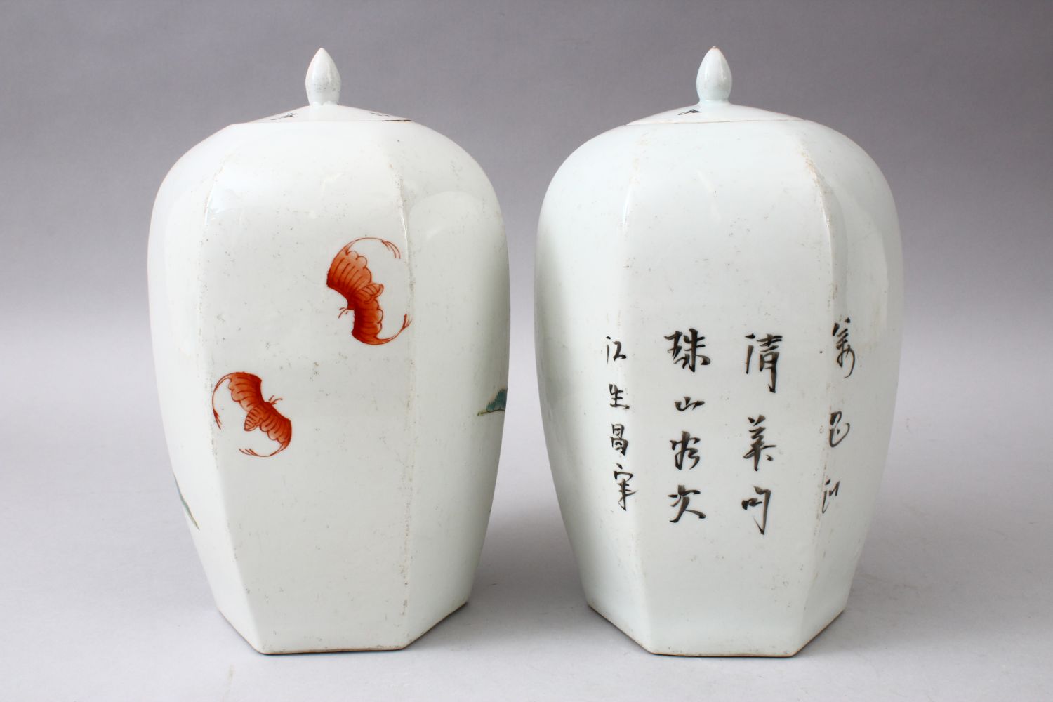 A GOOD PAIR OF CHINESE REPUBLIC STYLE FAMILLE ROSE HEXAGONAL FORM PORCELAIN JARS & COVERS, The - Image 4 of 6