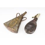 A GOOD 19TH CENTURY PERSIAN ENGRAVED BRASS AND COPPER POWDER FLASK and another leather powder