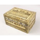 A SMALL ANGLO INDIAN VITZAGAPATAM IVORY VENEERED WOODEN TRINKET BOX, penwork with architectural